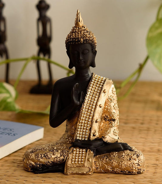 Handcrafted Meditating Lord Buddha Polyresin Idol (15 cm x 7.5 cm x 20 cm, Golden) (MSGB532)
