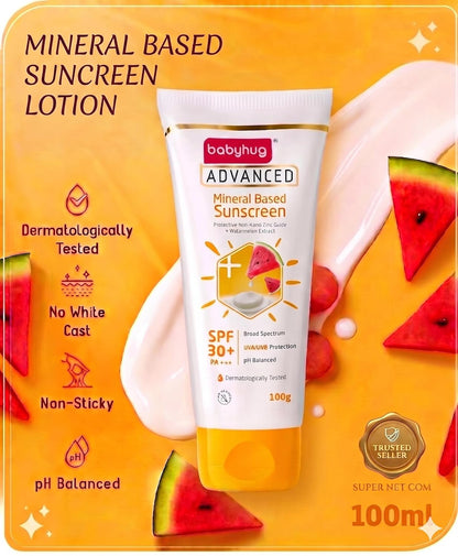 BABYHUG Advanced Mineral Based Sunscreen Lotion with SPF 30 +, PA+++,UVA/UVB Protection 100ML(Pack Of 1)