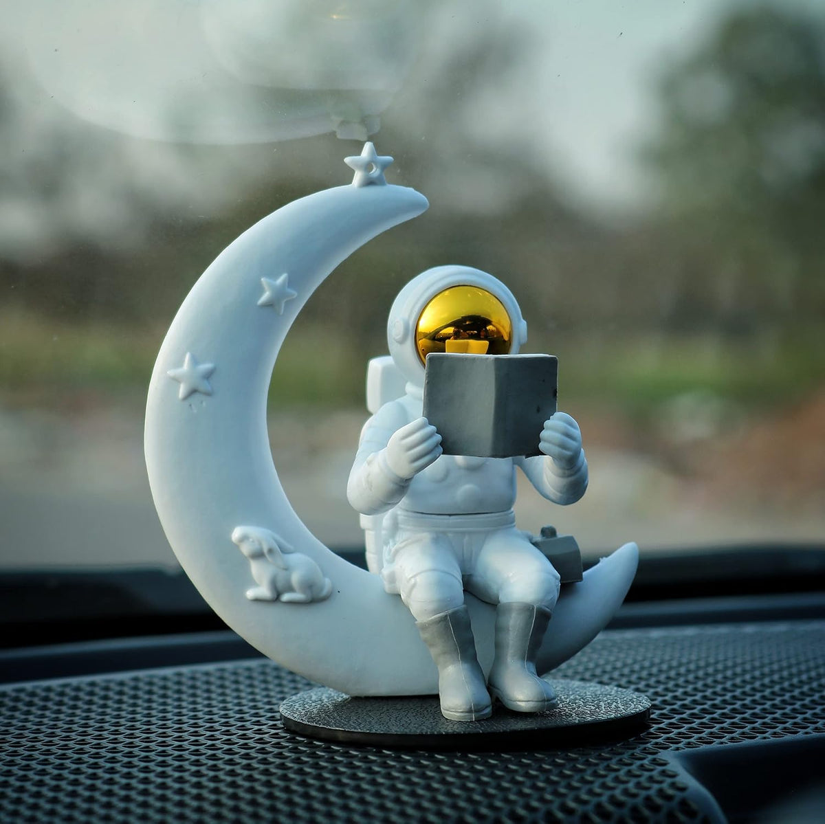 Astronaut Figurine Showpiece for Home Décor, Office Desk, Car Dashboard & Table Decoration | Space Astronaut Statue Collectible Gift for Home, Room & Workspace (Reading on Moon Golden)