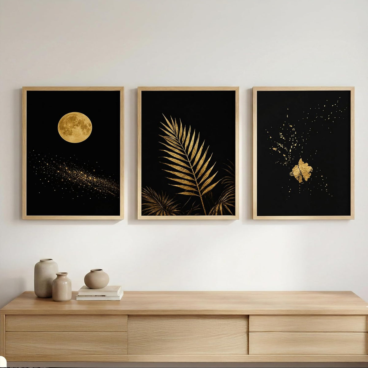 Set of 3 Moon & Golden Palm Leaf Wall Art Paintings for Living Room | Modern Luxury Black Gold Wall Decor | Framed Wall Paintings for Bedroom, Hall, Office & Home Decoration (13x19 Inches)