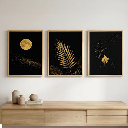 Set of 3 Moon & Golden Palm Leaf Wall Art Paintings for Living Room | Modern Luxury Black Gold Wall Decor | Framed Wall Paintings for Bedroom, Hall, Office & Home Decoration (13x19 Inches)