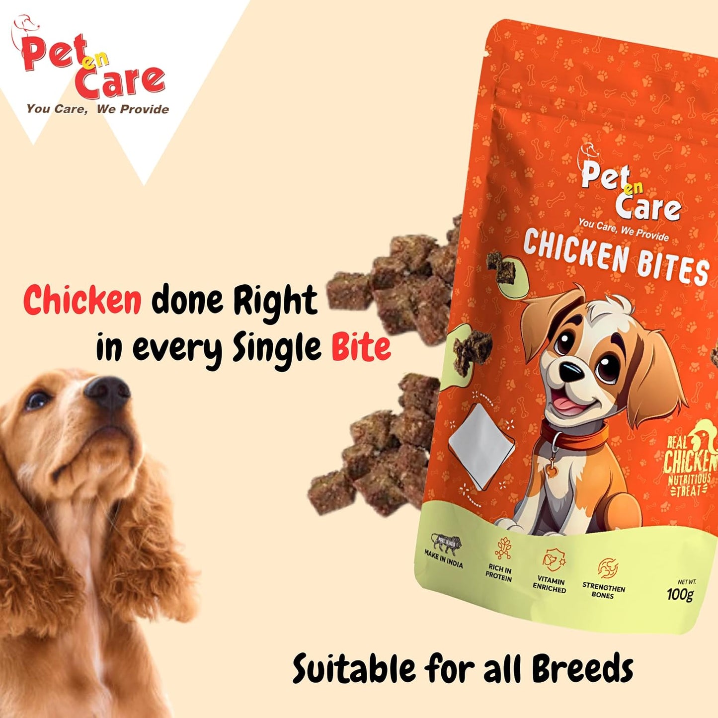 Pet en Care Chicken Bites Dog Treats, 100 gm | Protein Rich | Vitamin Enriched | All Breeds and Sizes