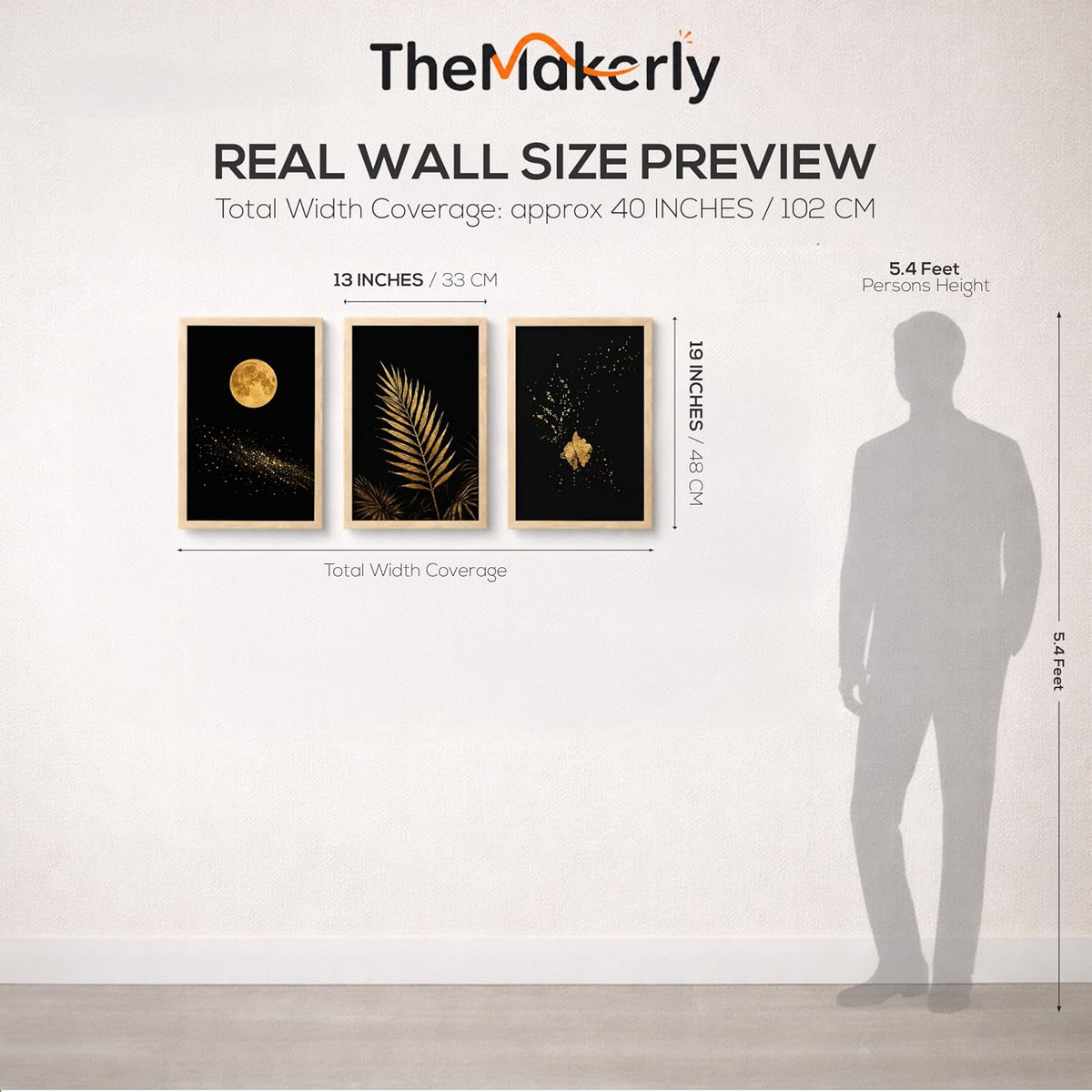 Set of 3 Moon & Golden Palm Leaf Wall Art Paintings for Living Room | Modern Luxury Black Gold Wall Decor | Framed Wall Paintings for Bedroom, Hall, Office & Home Decoration (13x19 Inches)