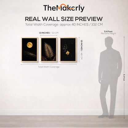Set of 3 Moon & Golden Palm Leaf Wall Art Paintings for Living Room | Modern Luxury Black Gold Wall Decor | Framed Wall Paintings for Bedroom, Hall, Office & Home Decoration (13x19 Inches)