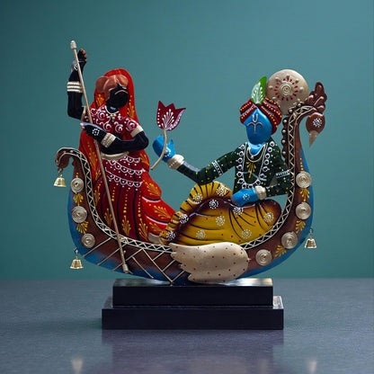 Radha Krishna Boat Showpiece for Home Decor | Iron Metal Decorative Idol with Wooden Base | 15 Inch Spiritual Statue for Living Room, Bedroom, Temple & Gifting
