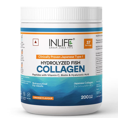 INLIFE Japanese Marine Collagen Supplements for Women & Men | Fish Collagen Powder for Skin & Hair | Clinically Proven Ingredient with Biotin, Hyaluronic Acid, Vitamin C & Glucosamine (200g, Orange)