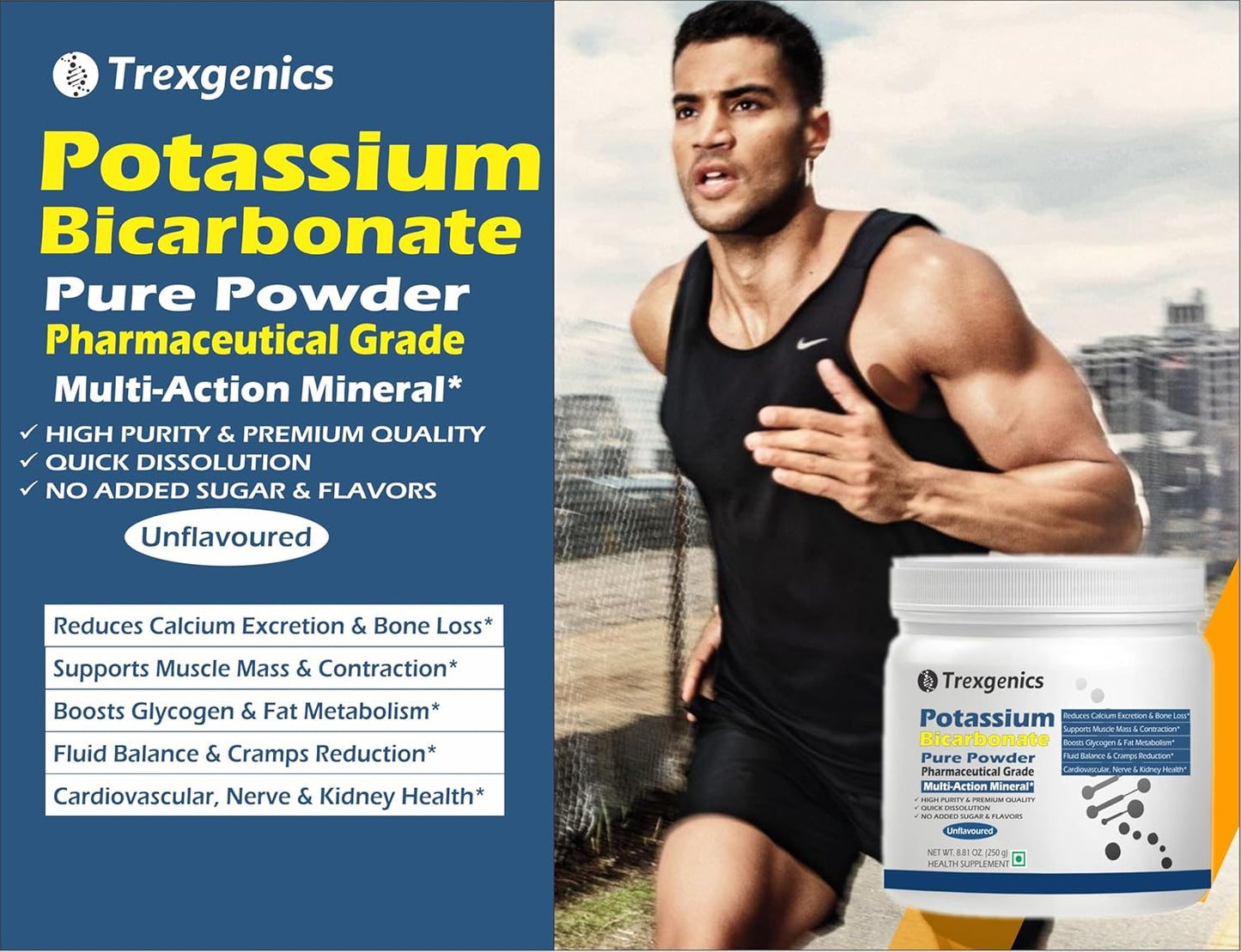 Trexgenics POTASSIUM BICARBONATE Pure Powder Pharmaceutical Grade Electrolyte Balance, Nerve & Muscle Health (250 gram / 8.81 OZ)
