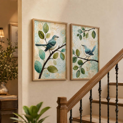 Set of 2 Blue Bird Botanical Wall Paintings with Sparkle Laminate, Premium Wooden Synthetic Frame, Nature Leaf Art for Living Room Bedroom Decor (13.5 x 19.5 Inch) NM02-185