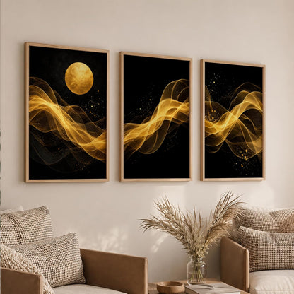 Set of 3 Black Gold Abstract Moon Wall Art Paintings for Living Room | Luxury Modern Wall Decor | Golden Wave Wall Paintings for Bedroom, Hall, Office & Home Decoration (13x19 Inches)