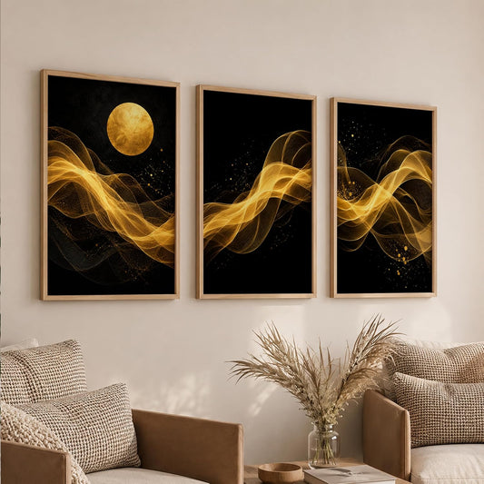 Set of 3 Black Gold Abstract Moon Wall Art Paintings for Living Room | Luxury Modern Wall Decor | Golden Wave Wall Paintings for Bedroom, Hall, Office & Home Decoration (13x19 Inches)