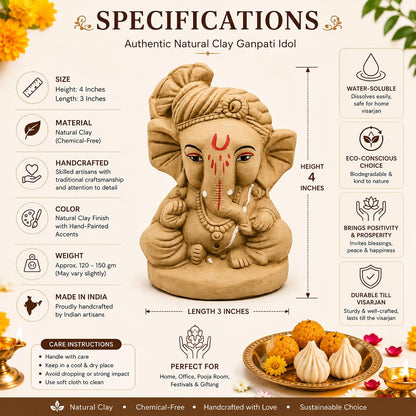 SHOPMEFAST Clay Ganesh Idol, 4 Inches Height, Water Soluble Ganpati Murti for Ganpati Visarjan (Small) (Natural Brown - Bal Ganesha)