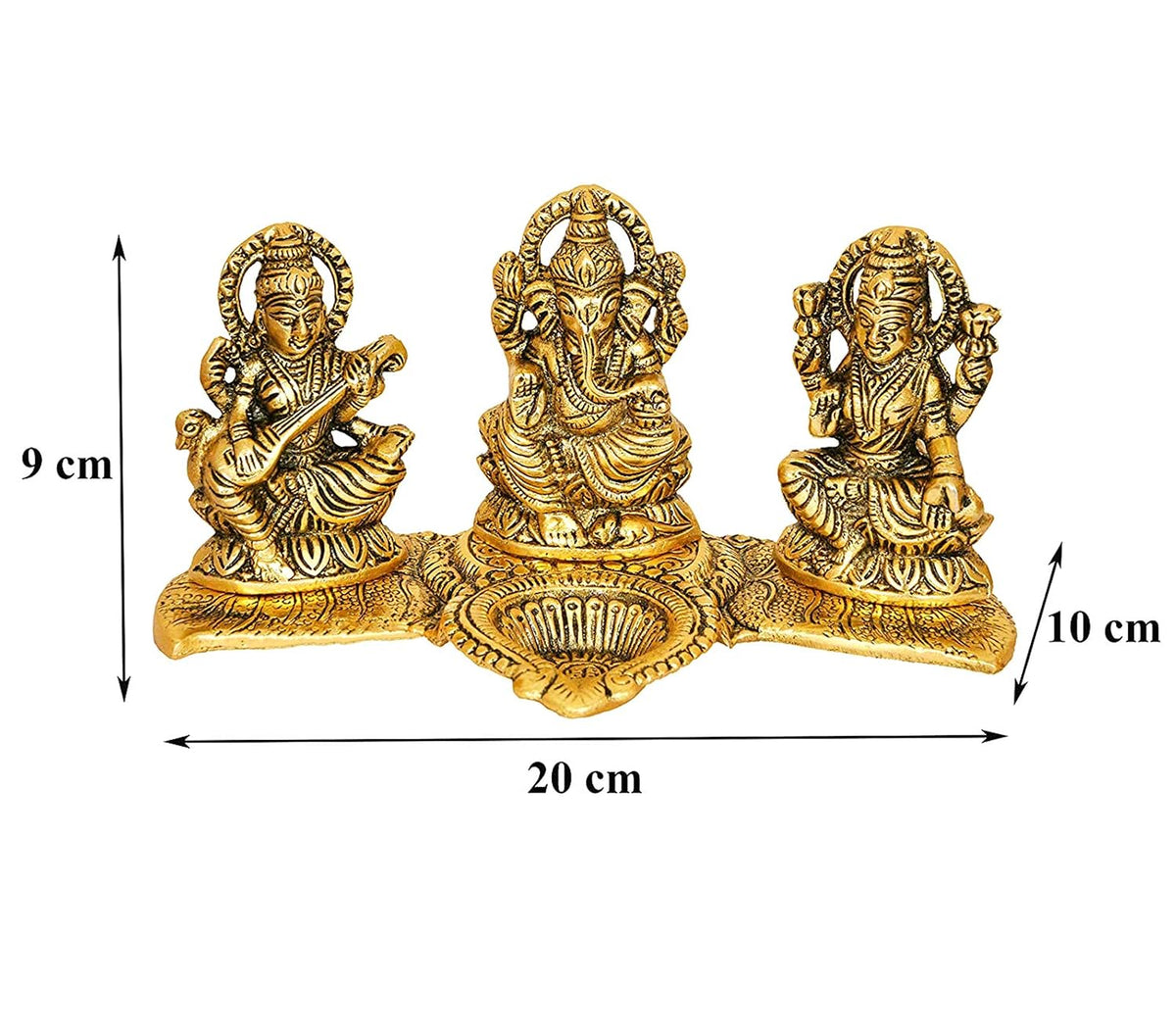 Laxmi Ganesh Saraswati Idol Showpiece Metal Statue with Diya Decoration Pooja Showpiece Sitting Idol Blessing Ganpati Sculpture for Home Diwali Puja Home Decor Festival Gifts