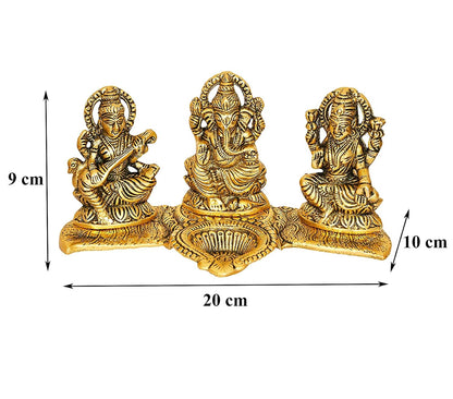 Laxmi Ganesh Saraswati Idol Showpiece Metal Statue with Diya Decoration Pooja Showpiece Sitting Idol Blessing Ganpati Sculpture for Home Diwali Puja Home Decor Festival Gifts