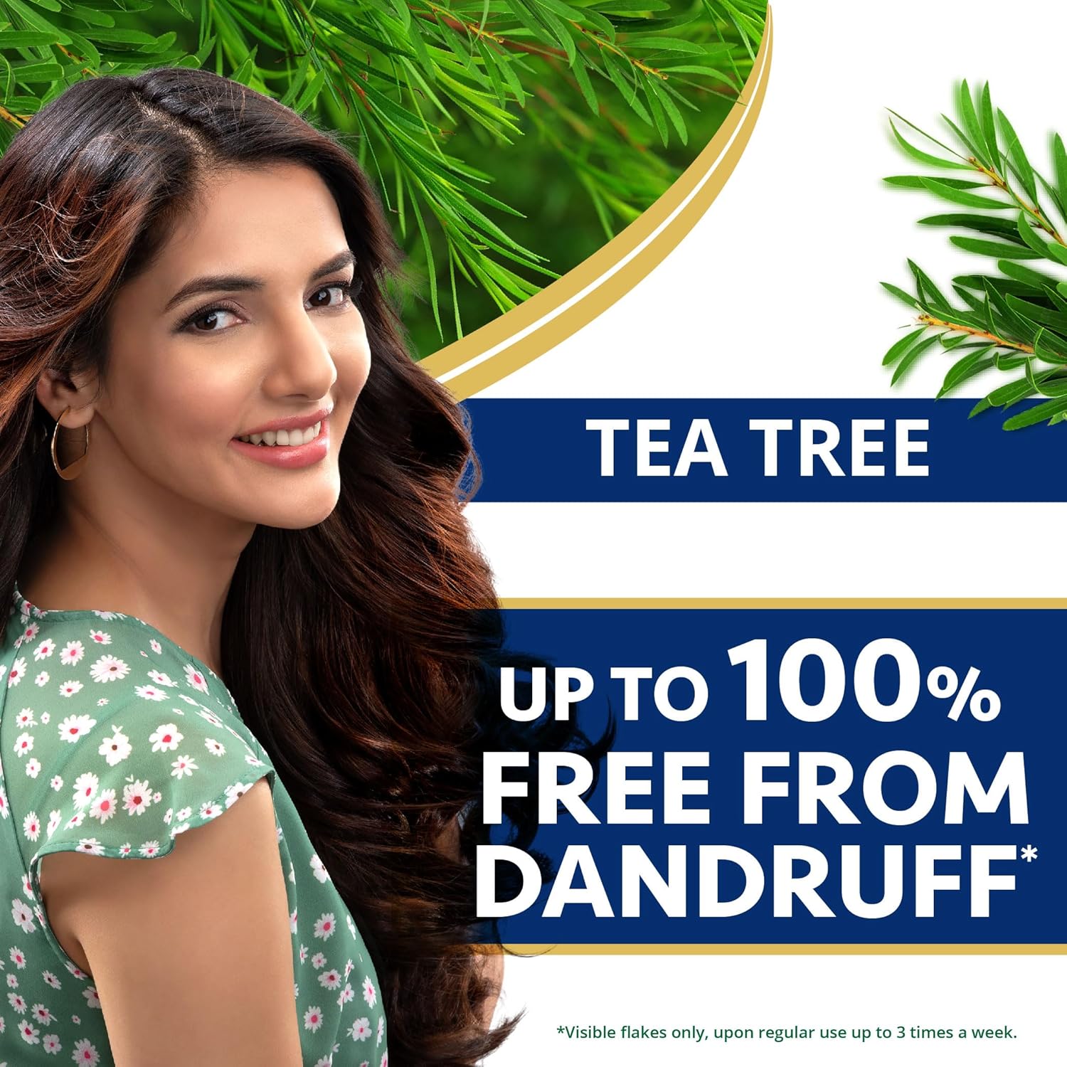 Woman with tea tree oil benefits text on a white background