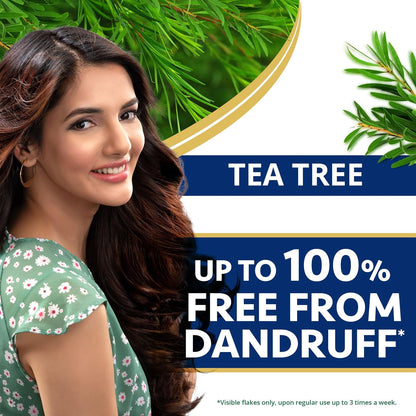 Woman with tea tree oil benefits text on a white background
