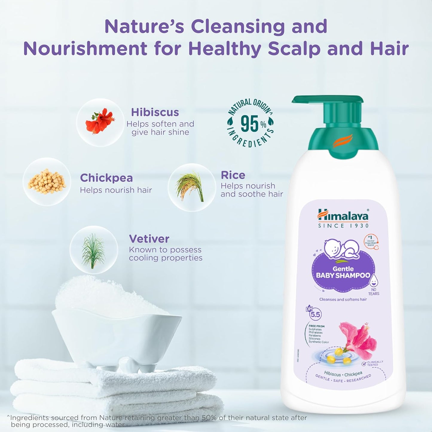 Himalaya Gentle Baby Shampoo bottle with ingredients listed on a light blue background
