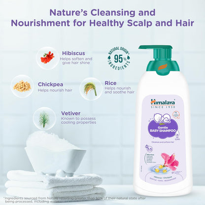 Himalaya Gentle Baby Shampoo bottle with ingredients listed on a light blue background