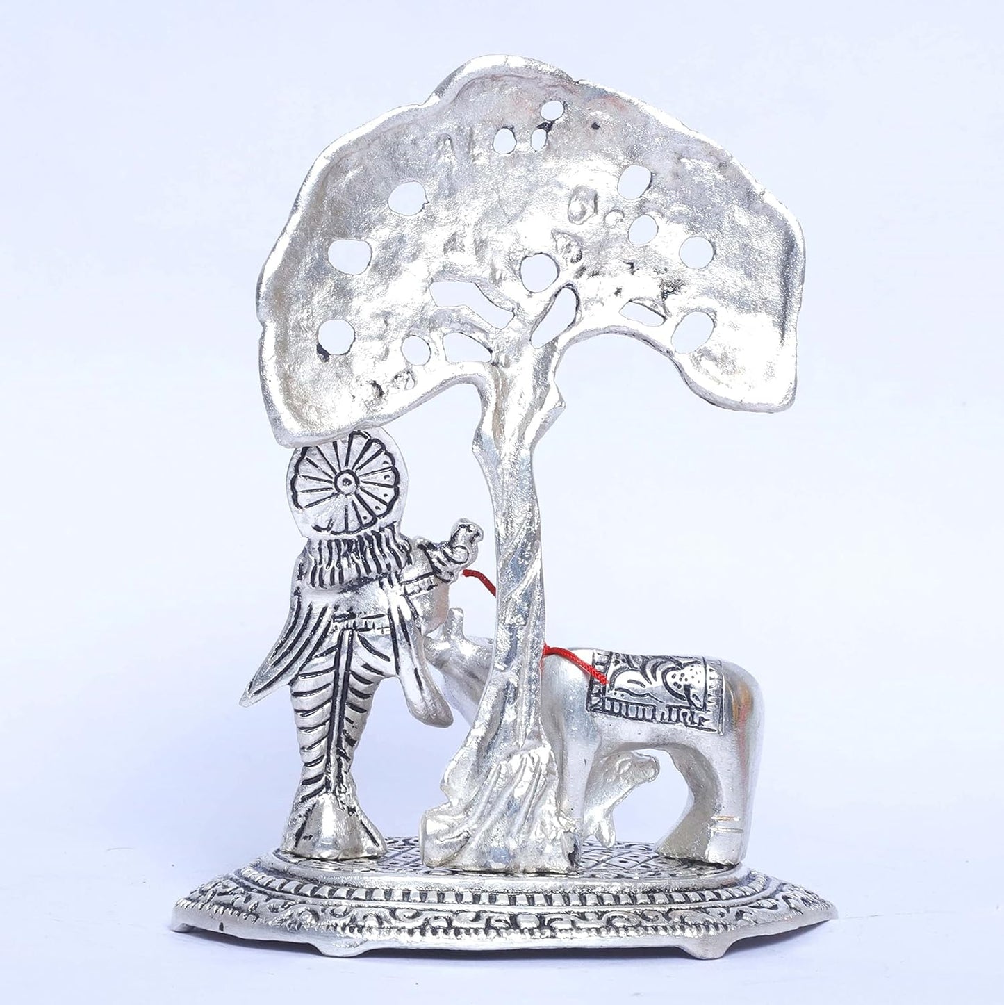 KridayKraft Silver Plated Kamdhenu Cow with Krishna Standing Under Tree Plying Flute Metal Statue,Krishna Murti Idol for Pooja & Decor Your Home,Office,Showpiece