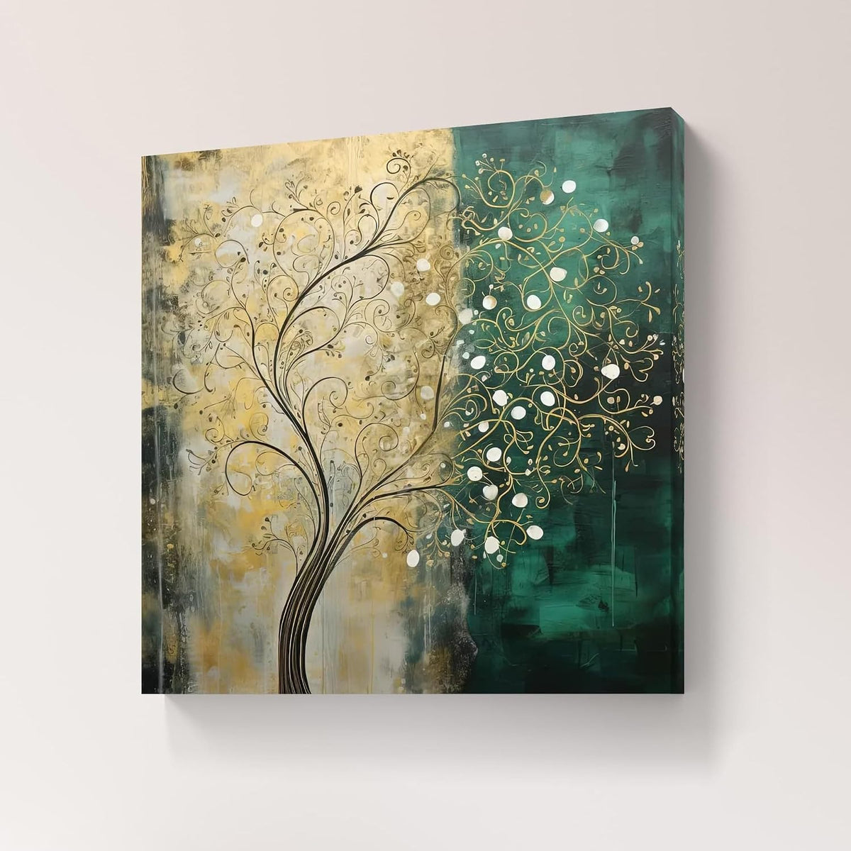 Abstract Tree Wall Art Canvas, Teal and Gold Botanical Painting, Modern Home Decor, 2-Tone Design 16 Inch x 16 Inch CVS-38116