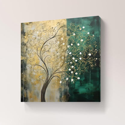 Abstract Tree Wall Art Canvas, Teal and Gold Botanical Painting, Modern Home Decor, 2-Tone Design 16 Inch x 16 Inch CVS-38116