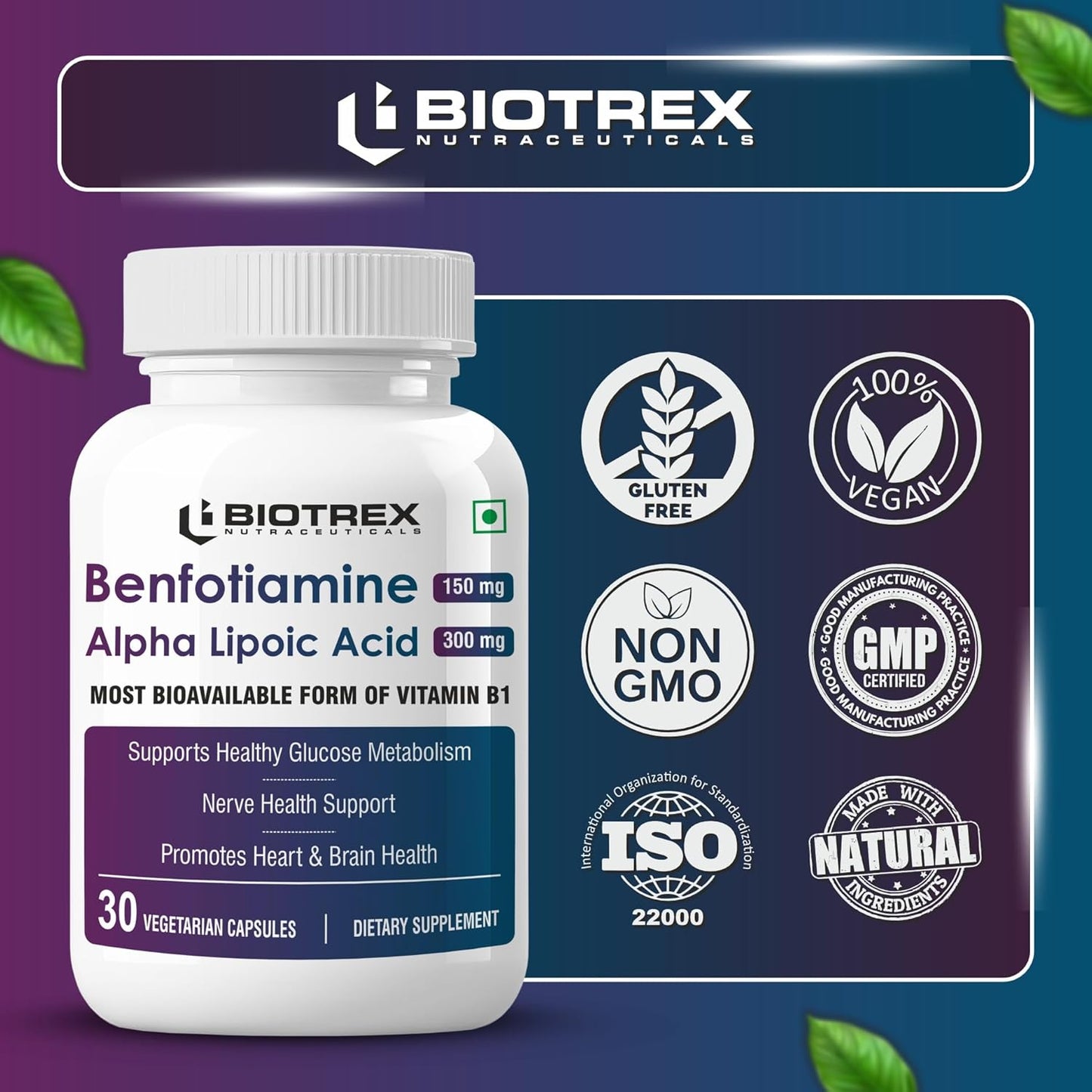 Biotrex Nutraceuticals Benfotiamine 150mg, Alpha Lipoic Acid 300mg With Leucine | Glucose Balance & Metabolic Response | Brain, Heart & Nerve Health | Most Bioavailable Vitamin B1-30 Veg Capsules