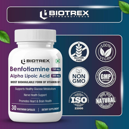 Biotrex Nutraceuticals Benfotiamine 150mg, Alpha Lipoic Acid 300mg With Leucine | Glucose Balance & Metabolic Response | Brain, Heart & Nerve Health | Most Bioavailable Vitamin B1-30 Veg Capsules