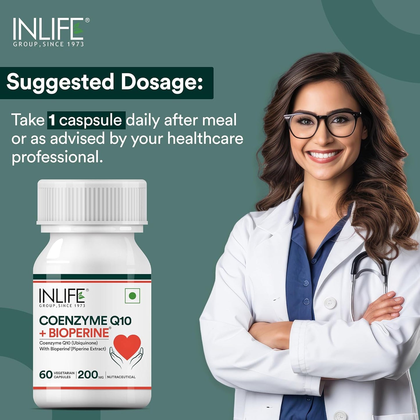 INLIFE Coenzyme Q10 (COQ10) -200mg with Bioperine 8mg Supplement|supports High Absorption|(Pack of 1) - 60 Vegetarian Capsules.