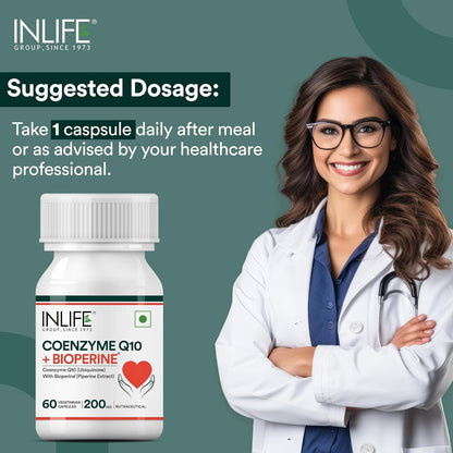 INLIFE Coenzyme Q10 (COQ10) -200mg with Bioperine 8mg Supplement|supports High Absorption|(Pack of 1) - 60 Vegetarian Capsules.