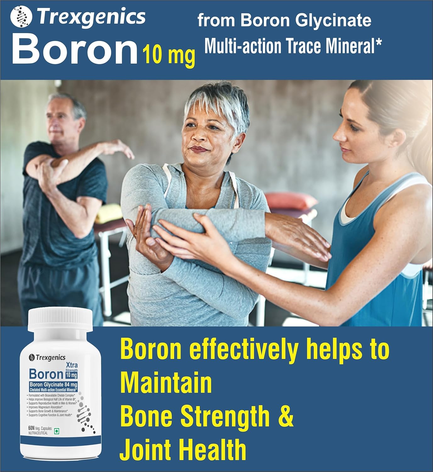 Trexgenics Boron 10 mg XTRA STRENGTH from Boron Glycinate Multi-action Mineral, Bone, Cognitive Function, Reproductive & Joint Health ((60 Veg Capsules)