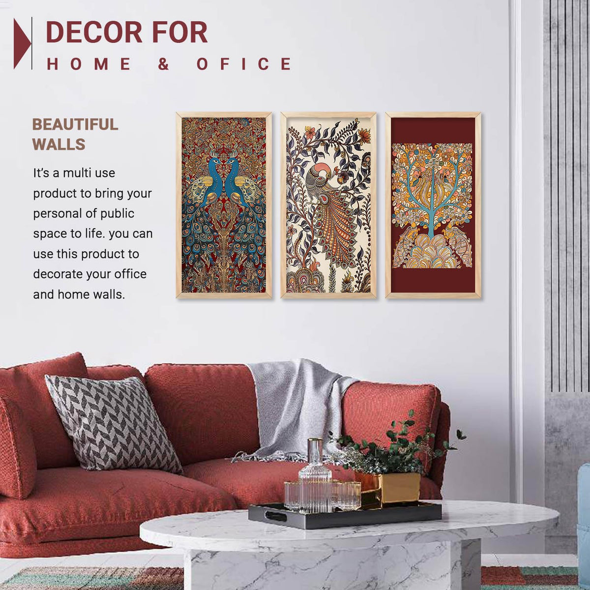 Indian Traditional Art Wall Painting Madhubani Home Decoration With Frame For Living Room Bed Room Hotel Wall Decor Digital Reprint Engineered Wood Set of 3 (Art 11, 10x19 inch)