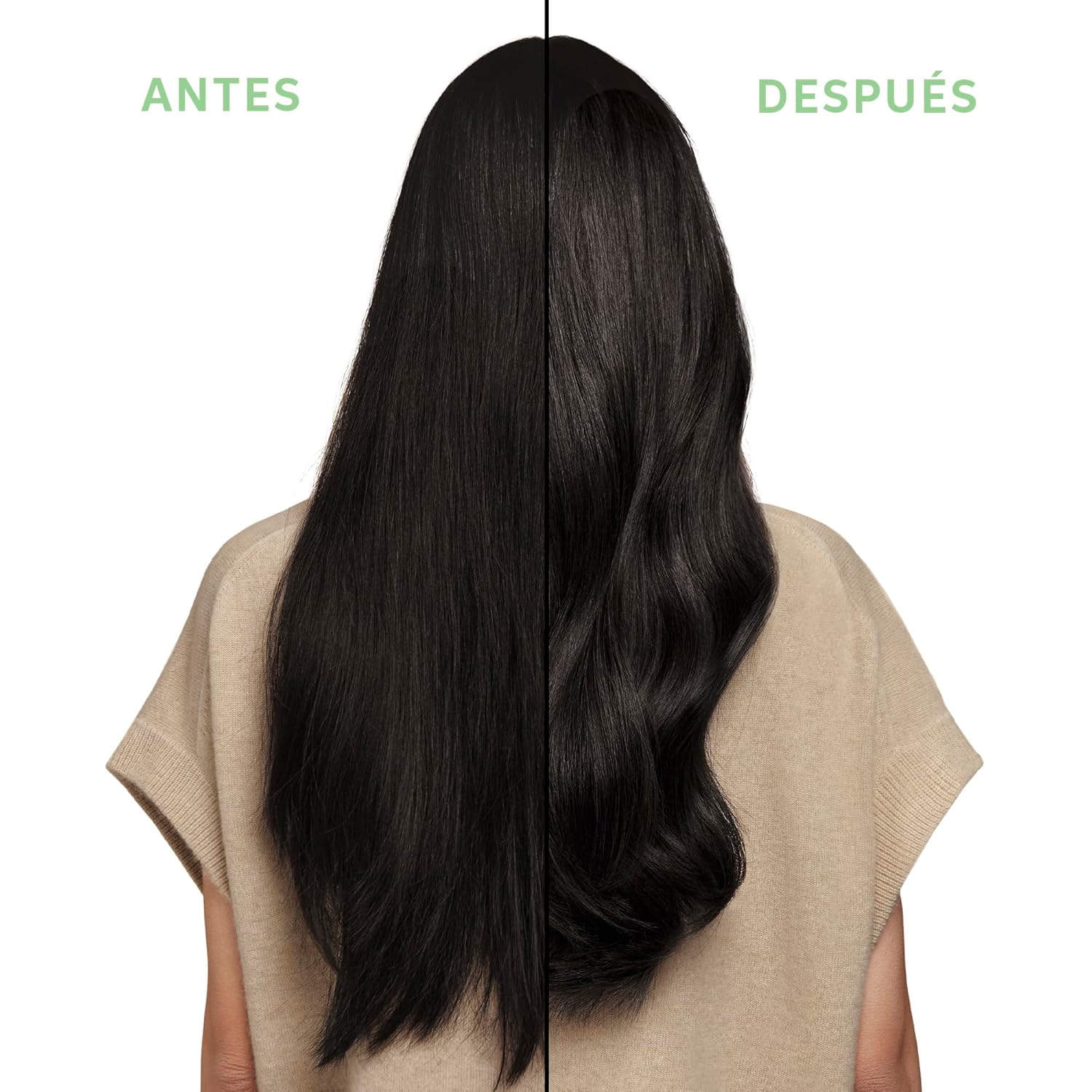 Before and after comparison of hair treatment with a person wearing a beige top.