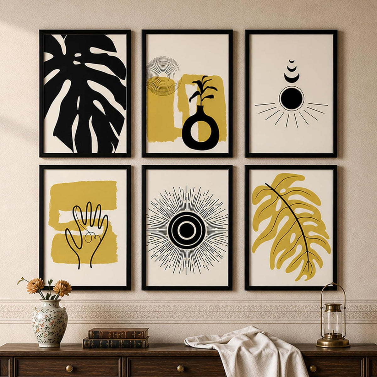 Abstract Botanical & Geometric Framed Painting Wall Art Set of 6 | Modern Neutral Prints | Beige, Brown & Black Tones | Engineered wood Frame Wall Décor, (Size: A3)