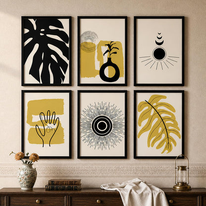 Abstract Botanical & Geometric Framed Painting Wall Art Set of 6 | Modern Neutral Prints | Beige, Brown & Black Tones | Engineered wood Frame Wall Décor, (Size: A3)