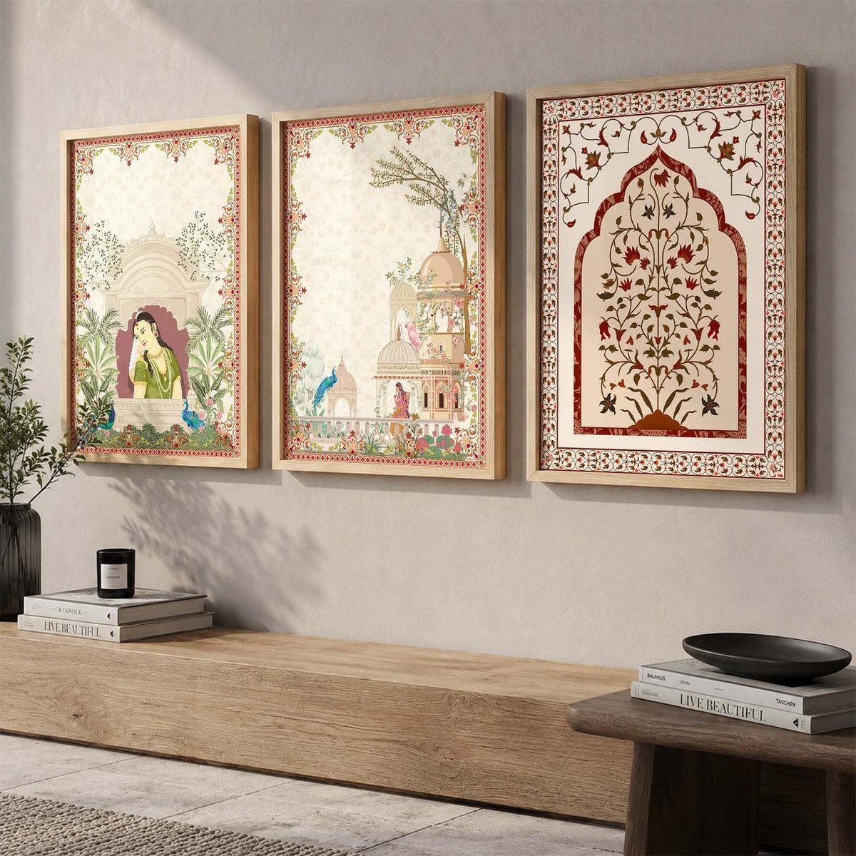 Indian Traditional Madhubani Wall Art Painting With Frame Pichwai Art Home Decoration For Living Room Bed Room Hotel Wall Decor Digital Reprint Set of 3 (13X17 inch)