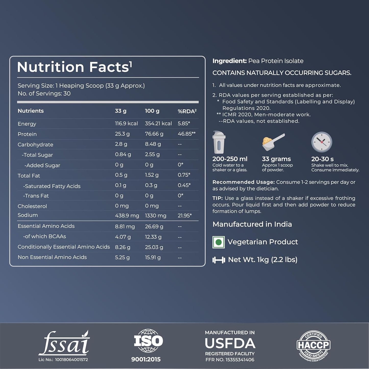 Nutrition facts label and ingredient information on a dark background
