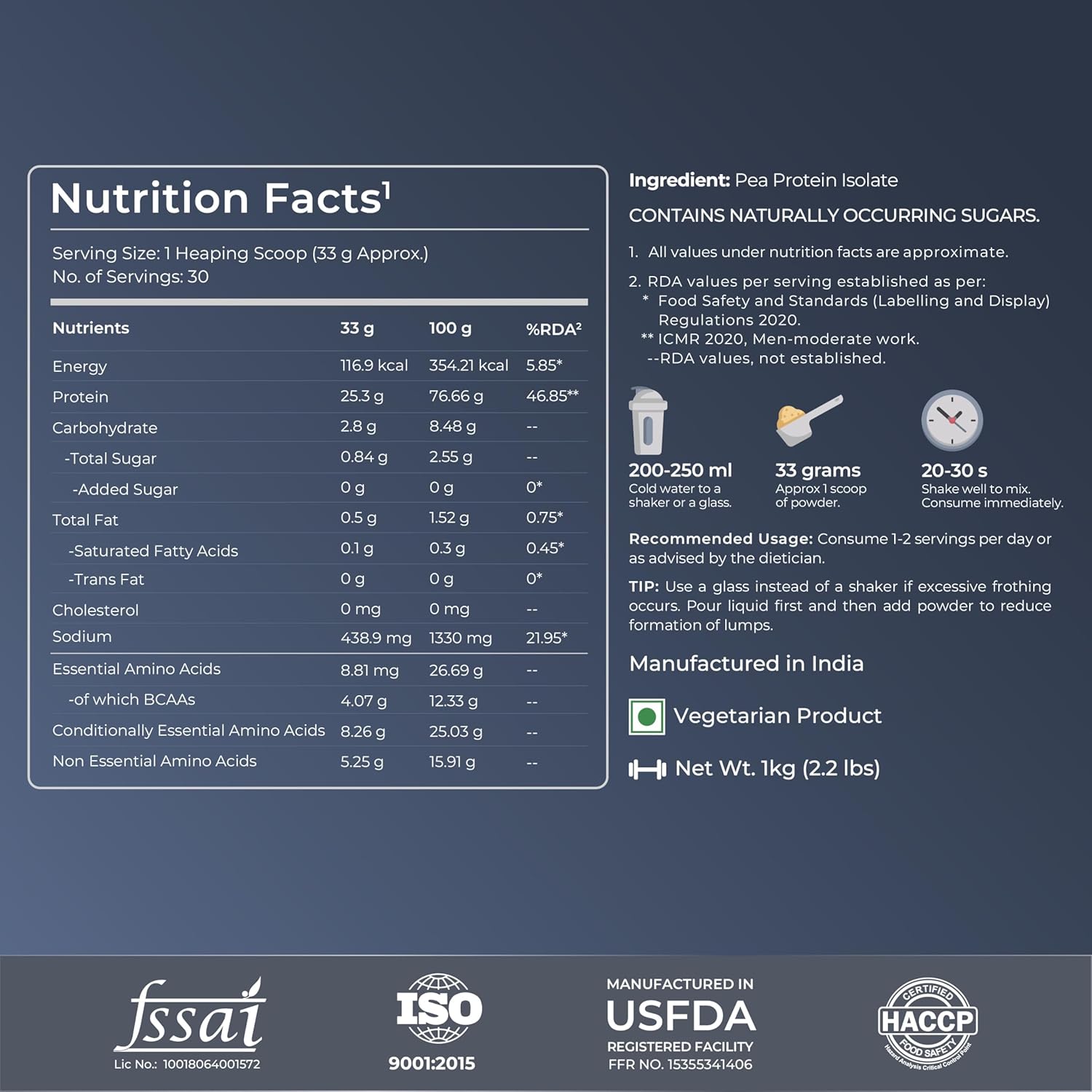 Nutrition facts label and ingredient information on a dark background