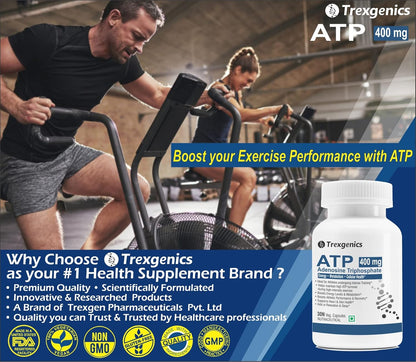 Advertisement for Trexegenics ATP supplement with people exercising in a gym.