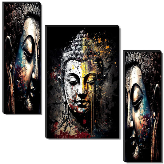 Abstract Textured Buddha Wall Art – 3-Panel UV-Printed Zen Triptych | Ready-to-Hang Spiritual Meditation Home Décor (20 Inch x 12 Inch) JM-35300