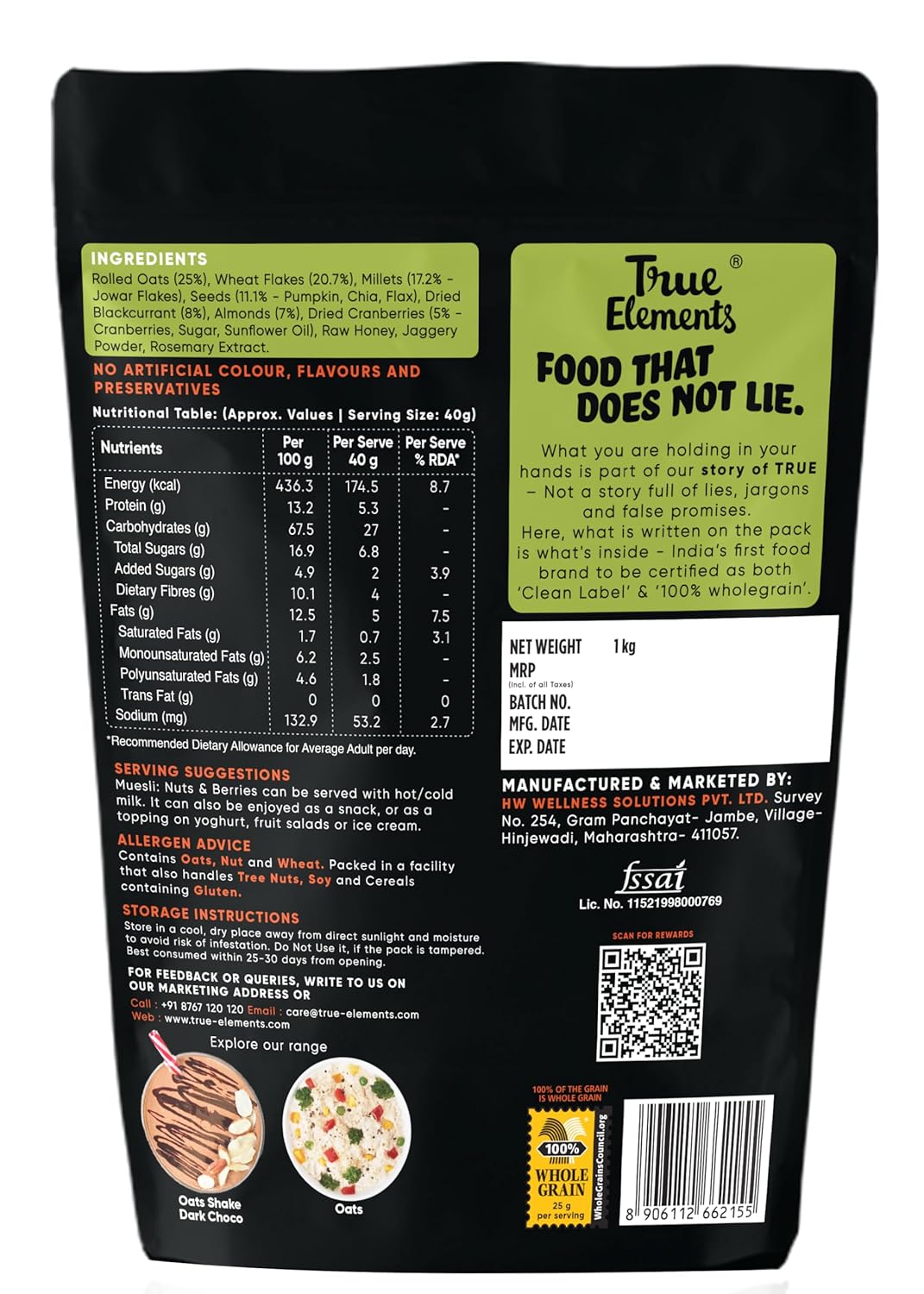 True Elements Crunchy Nuts & Berries Muesli 1kg - With 13g Clean Protein | Almonds, Seeds & Real Cranberries | With Jowar Millets | Crunchy Wholegrain Muesli | No Added Refined Sugar