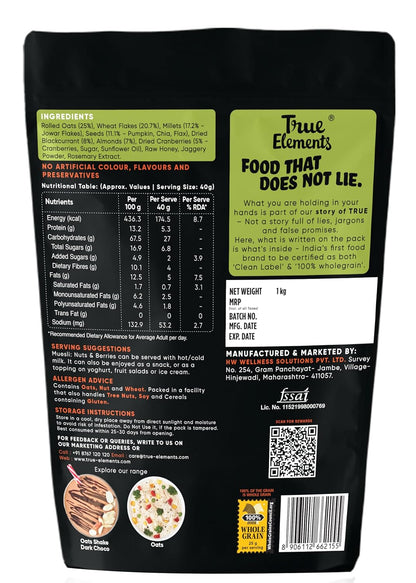 True Elements Crunchy Nuts & Berries Muesli 1kg - With 13g Clean Protein | Almonds, Seeds & Real Cranberries | With Jowar Millets | Crunchy Wholegrain Muesli | No Added Refined Sugar