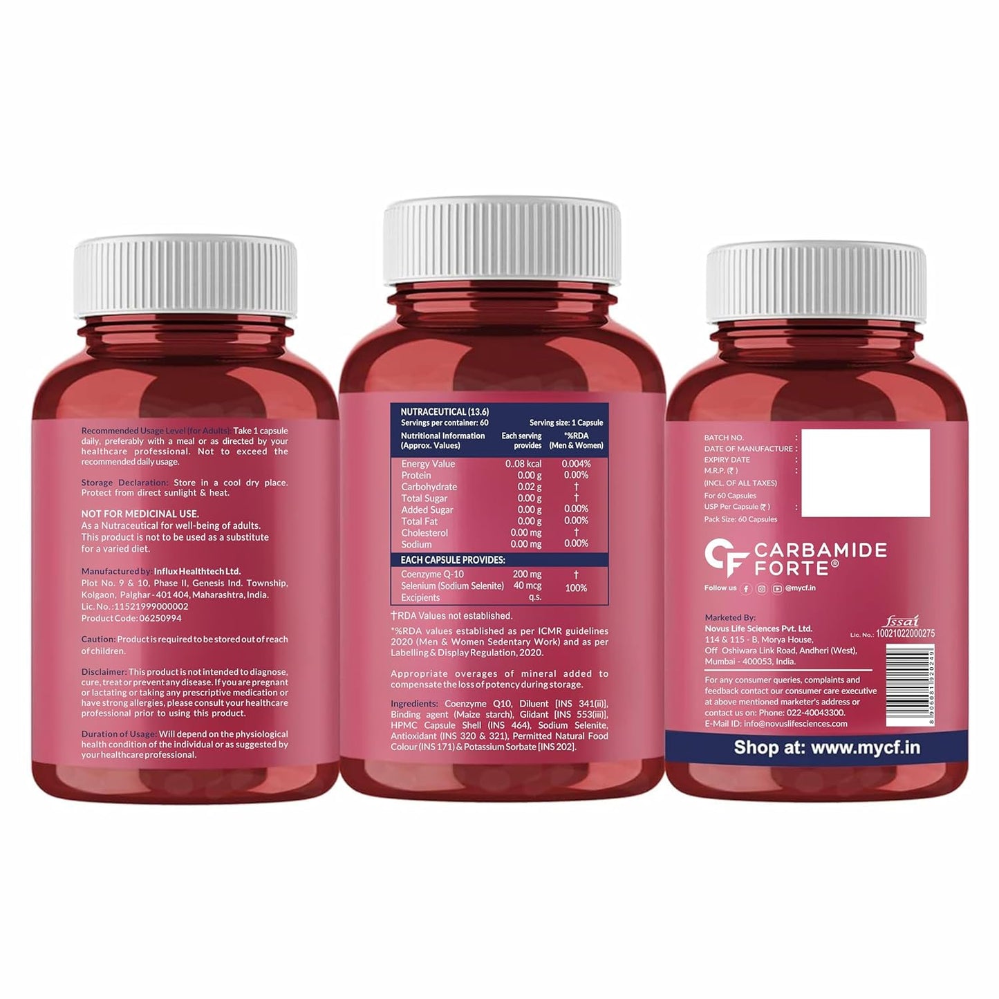 Three red supplement bottles with white caps on a white background