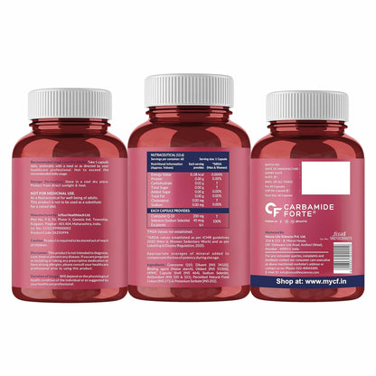 Three red supplement bottles with white caps on a white background