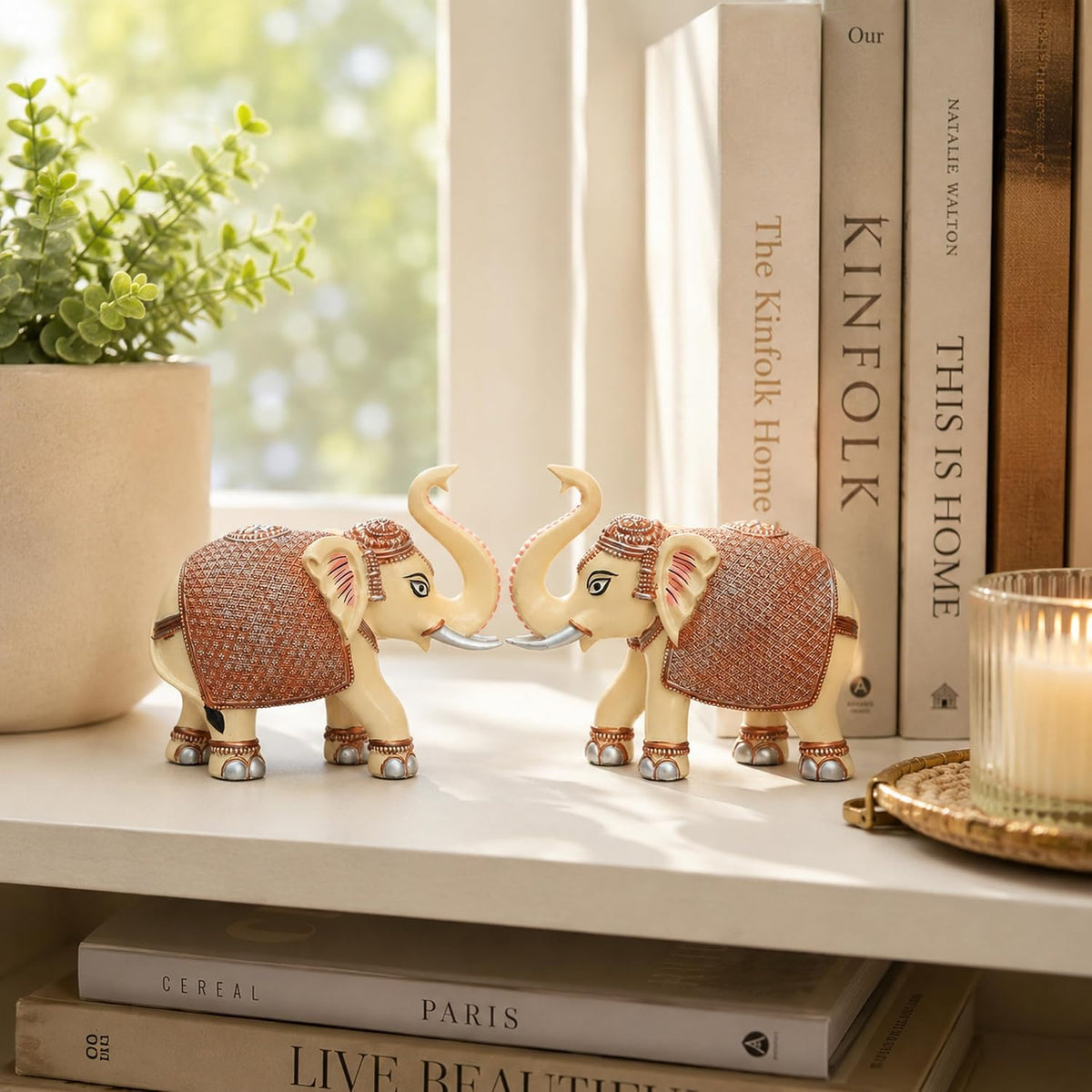 Peach Cream Mini Elephant Showpiece Pair, Car Dashboard, 3 Inch