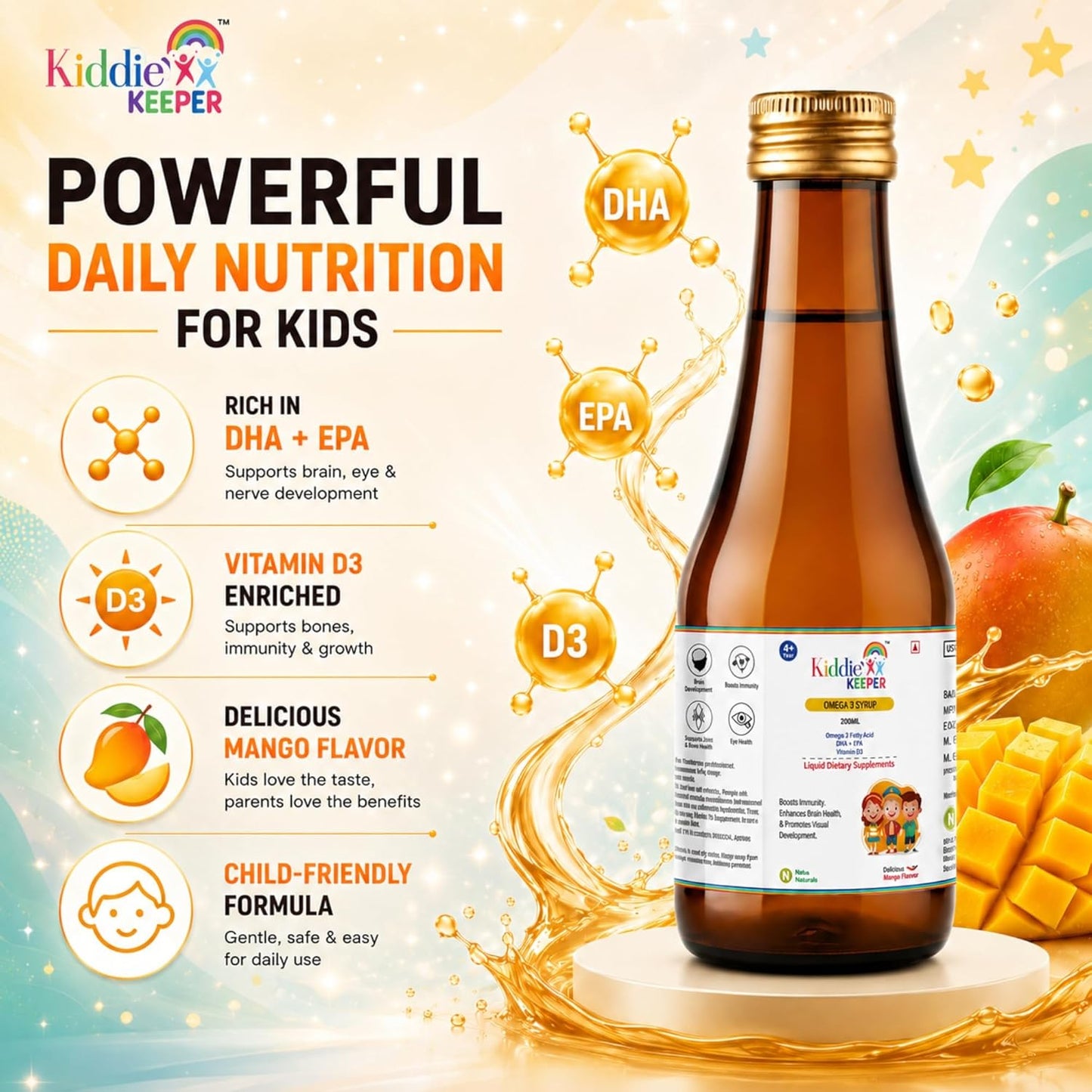 Omega-3 Fish Oil Syrup for Kids 4+ Years | DHA & EPA with Vitamin D3 | Mango Flavoured Liquid Supplement | No Added Sugar, No Preservatives | 200 ml