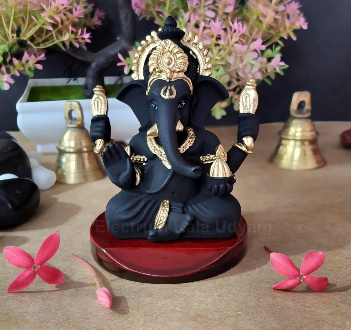 Handcrafted Poly Resin Ganesha Statue with Base - Perfect for Car Dashboard, Office Desk, Shelves, and Home Decor - Ideal Housewarming Gift! (4HandBlackTerracottaMDF)
