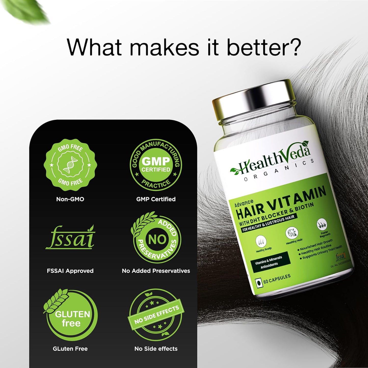 Zephivo HEALTH VEDA ORGANICS PRIVATE LIMITED Advance Hair Vitamin with DHT Blocker & Biotin | For Better Hair Growth & Hair Fall Control | Stimulates Hair follicles | For Men & Women - 60 Veg Capsules