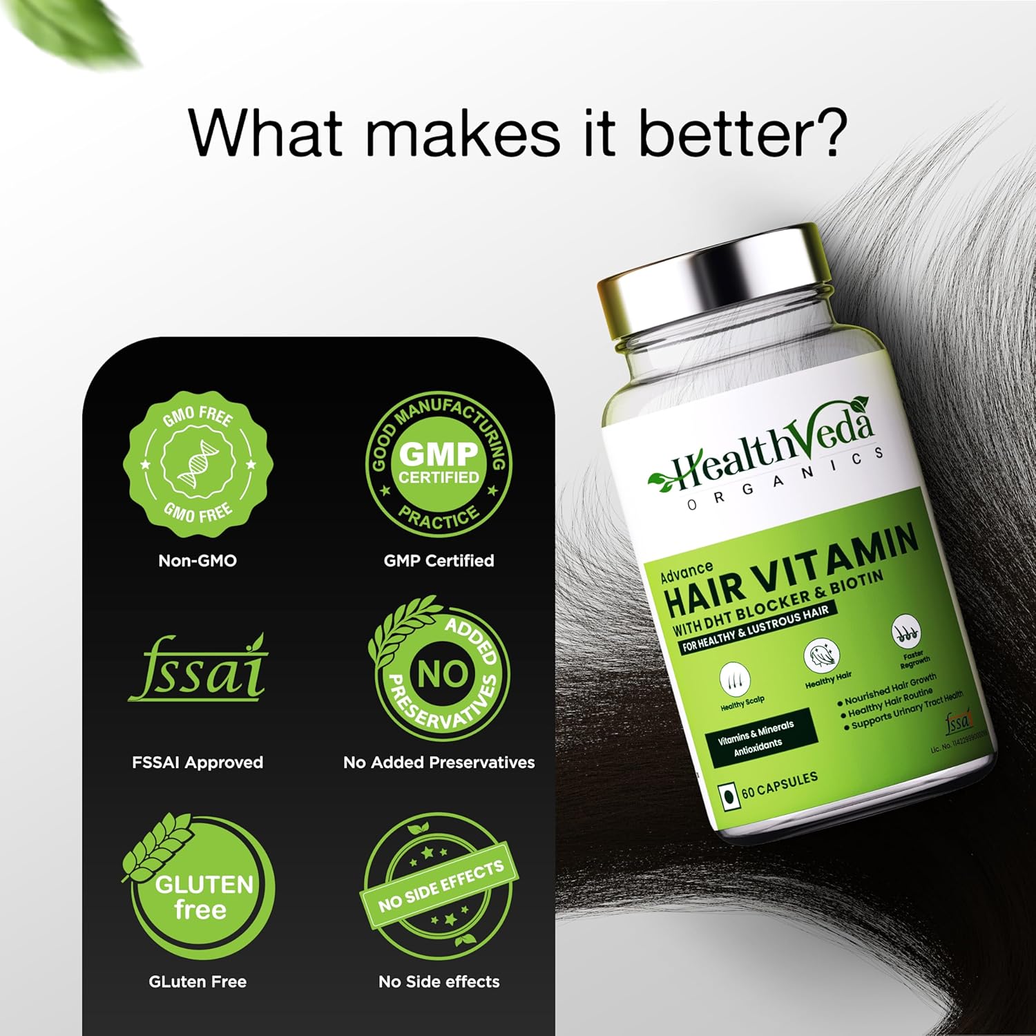 Zephivo HEALTH VEDA ORGANICS PRIVATE LIMITED Advance Hair Vitamin with DHT Blocker & Biotin | For Better Hair Growth & Hair Fall Control | Stimulates Hair follicles | For Men & Women - 60 Veg Capsules