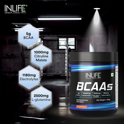 INLIFE BCAA Supplement 7g Amino Acids Instantized for Pre Post & Intra Energy Drink for Workout, 2.5g L-Glutamine,1g Citrulline Malate, 1180mg Electrolytes Powder (Orange, 250g)