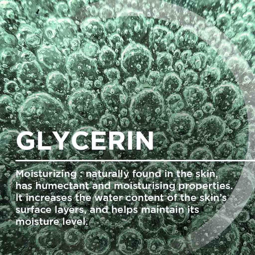 Text about glycerin with a close-up of bubbles on a green background