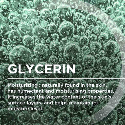 Text about glycerin with a close-up of bubbles on a green background